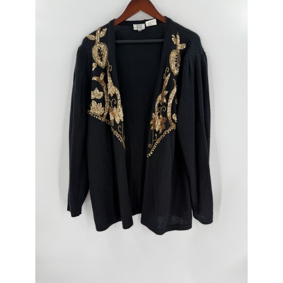 VINTAGE MADELEINE Black Angora Blend Cardigan Sweater Gold Sequins Womens MEDIUM - Picture 1 of 11